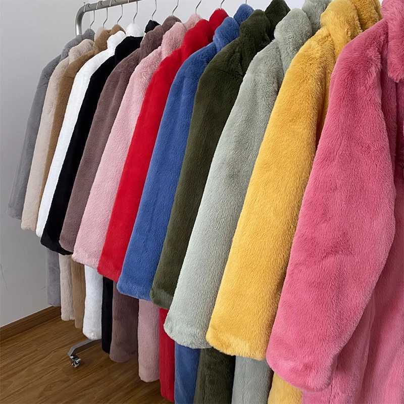 Luxury winter long coat womens oversized lapel artificial rabbit fur coat jacket womens plus size coat fur coat X241214