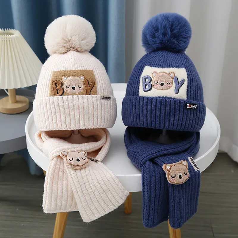2Pcs/Set Baby Hat Scarf Cute Pompom Winter Woolen Knitted Warm Beanie Kids Boys Girls Bear Crochet Cap Scarves W241213