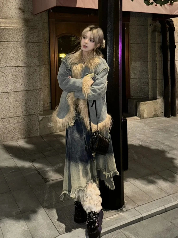 Y2k Aesthetics blue denim pocket jacket retro Grunge fur patch work jacket Harajuku winter single chest streetwear jacket 241210