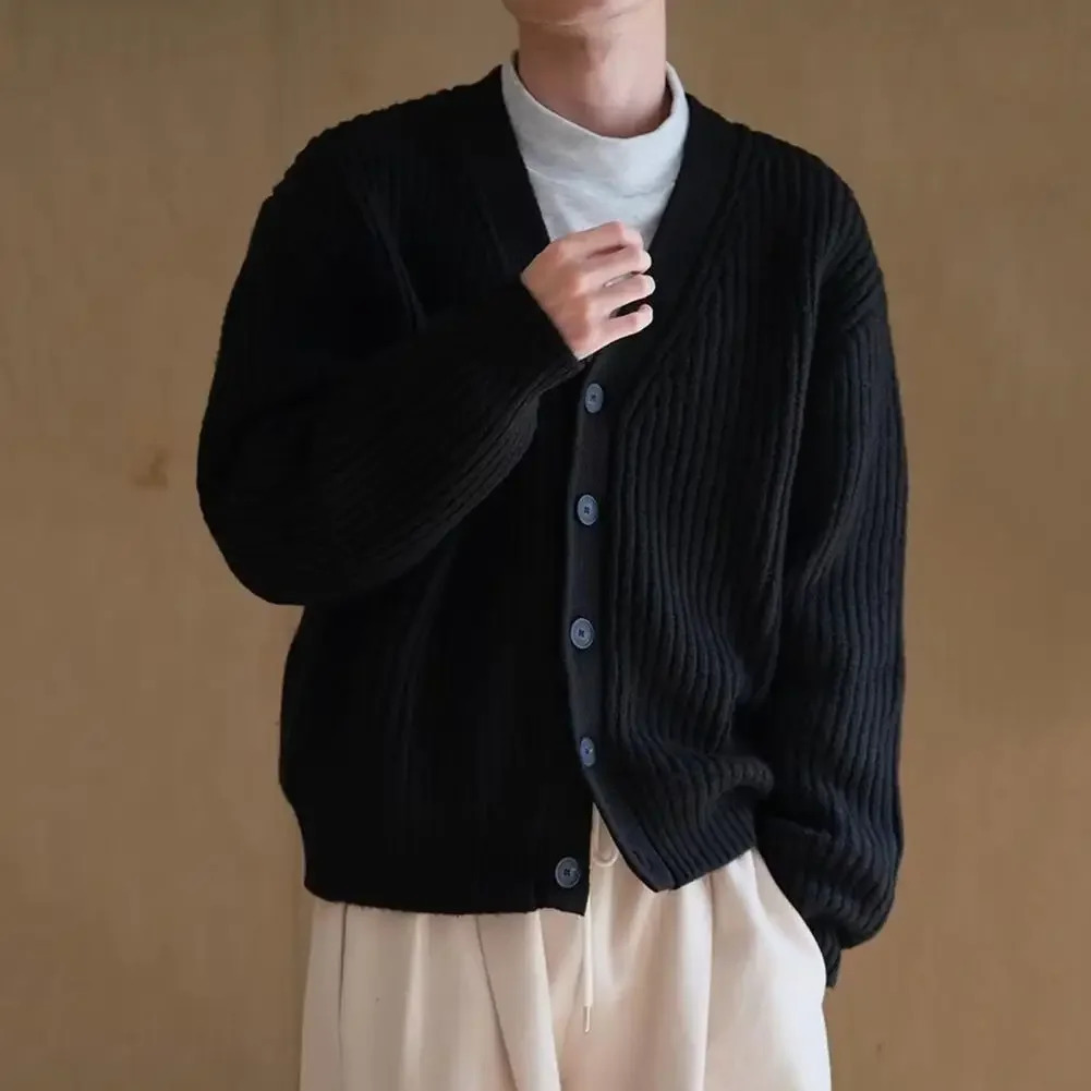 Winter Fall Men Cardigan Sweater Thick Singlebreasted V Neck Buttons Knitted Coat Solid Color Elastic Casual 241209