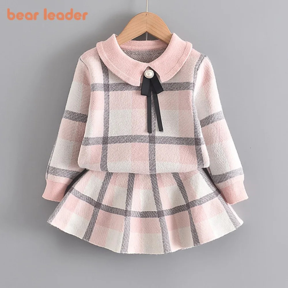 Bear Leader Winter Princess Outfits Girls Plaid Cute Clothing Sets Fashion Kids Baby Knitted Sweaters with Bow Ruffles Skirt 241213
