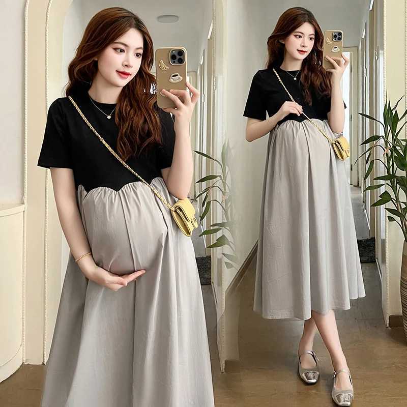 2024 French Sle Pregnant Women Elegant Dress Plus Size Long Sleeve O-Neck High Waist Materni A-Line Dress Long Loose ClothesXJ241213
