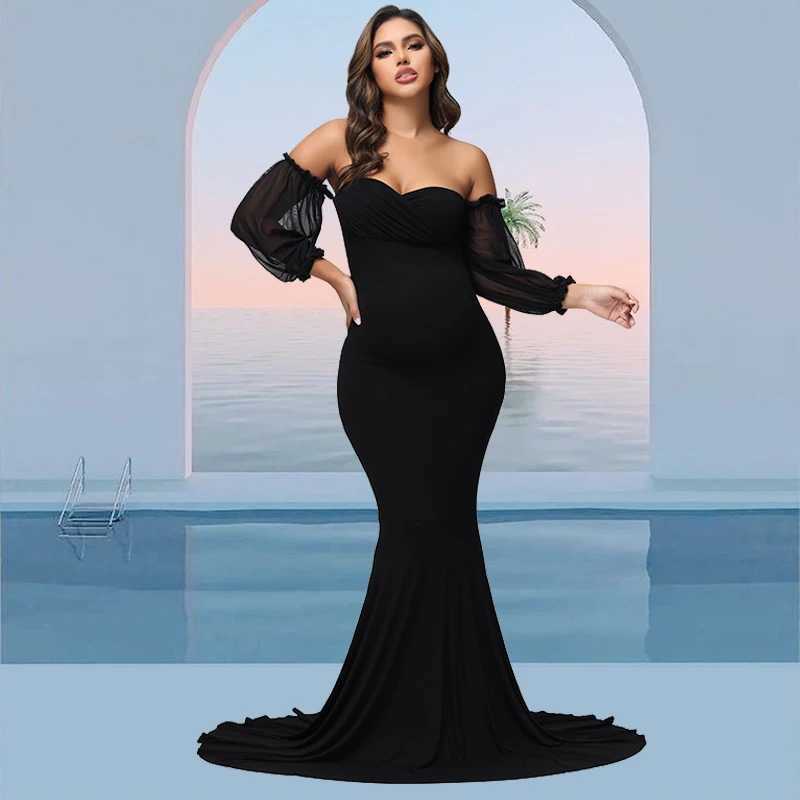 Materni Dress For Photoshoot Off-Shoulder Mesh Puff Sleeve Slim Pregnancy Womens Photography Maxi Gowns For Baby ShowerXJ241213
