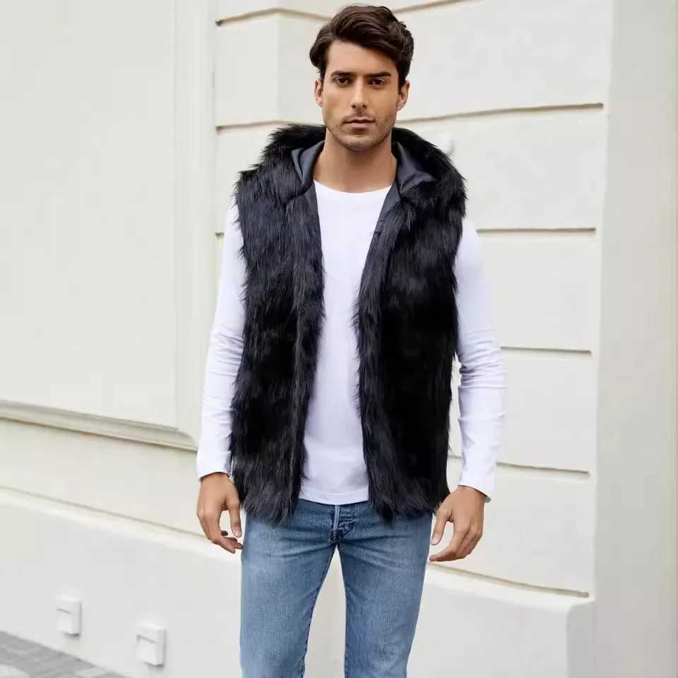 Hooded faux fur coat jacket mens autumn and winter mens short sleeved warm jacket with thick pockets 2024 long sleeved mother Y2k jacket W241213
