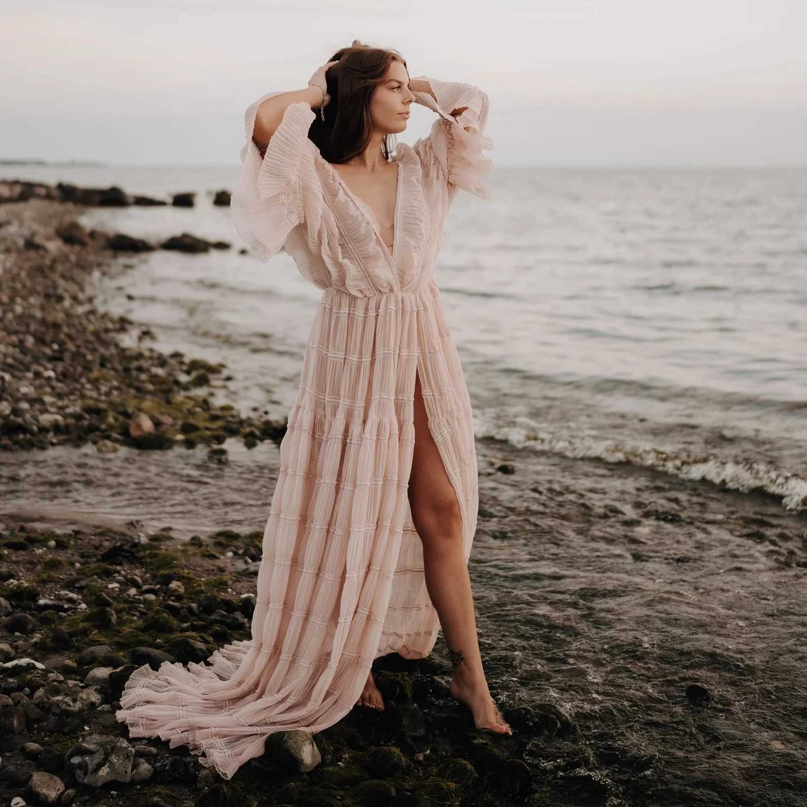 Boho Sle Pleat Materni Photo Shooting Dress Open Front Bohemian Long Dress For Pregnancy Photo ShootXJ241213