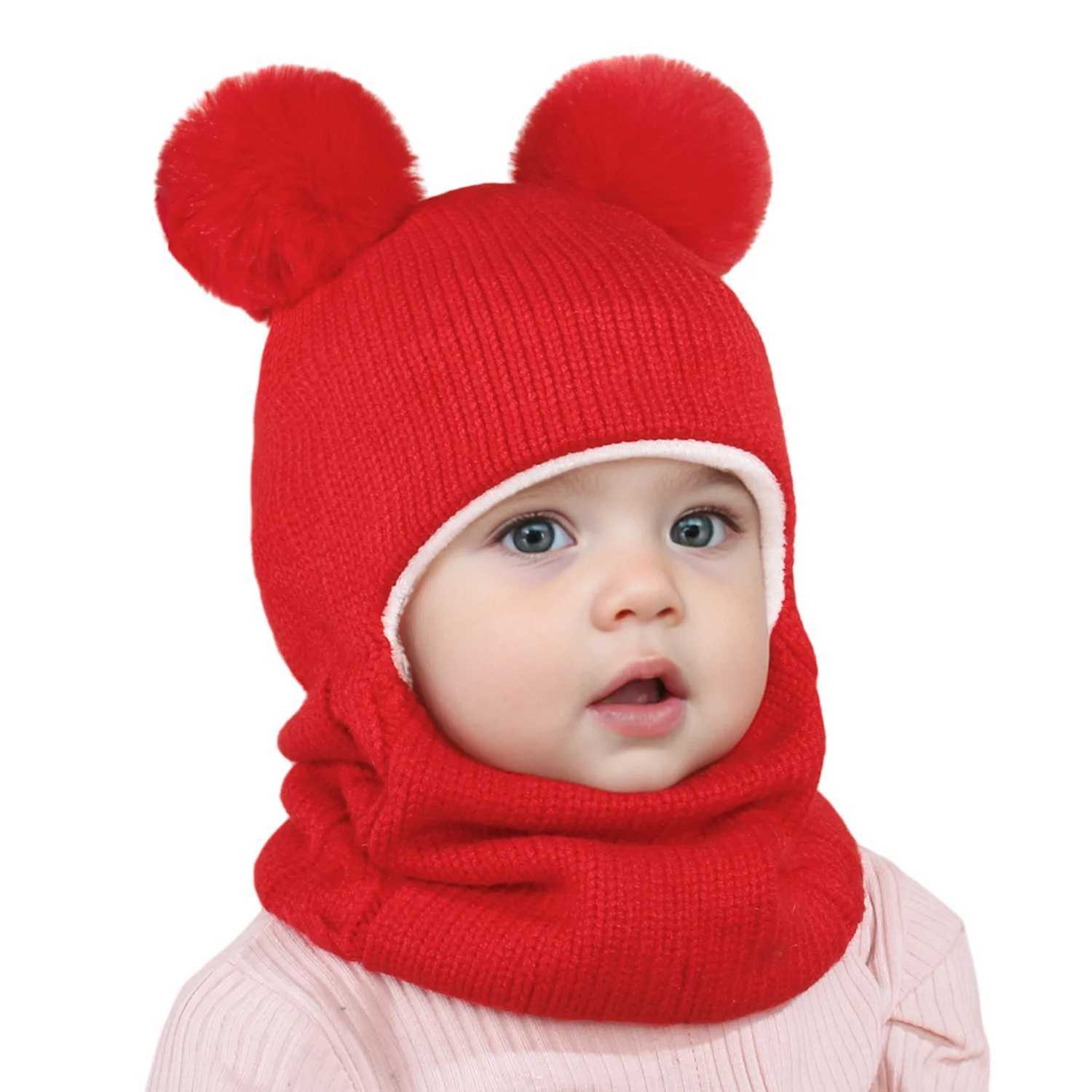 Winter Childrens Balaclava Hat Double Puff Knitted Bean Hat Baby Boys and Girls Warm Thick Wool Lining Childrens One Piece Hat Scarf W241213