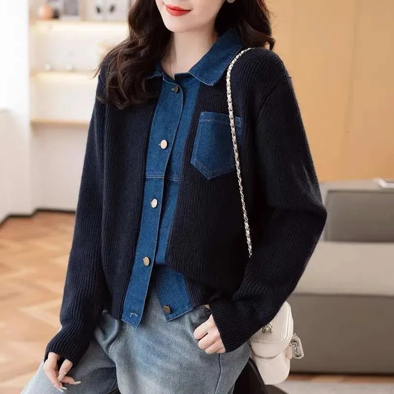 Fashion denim patchwork lapel knitted jacket for womens spring and autumn cardigan wool sweater top 2025 item 241211