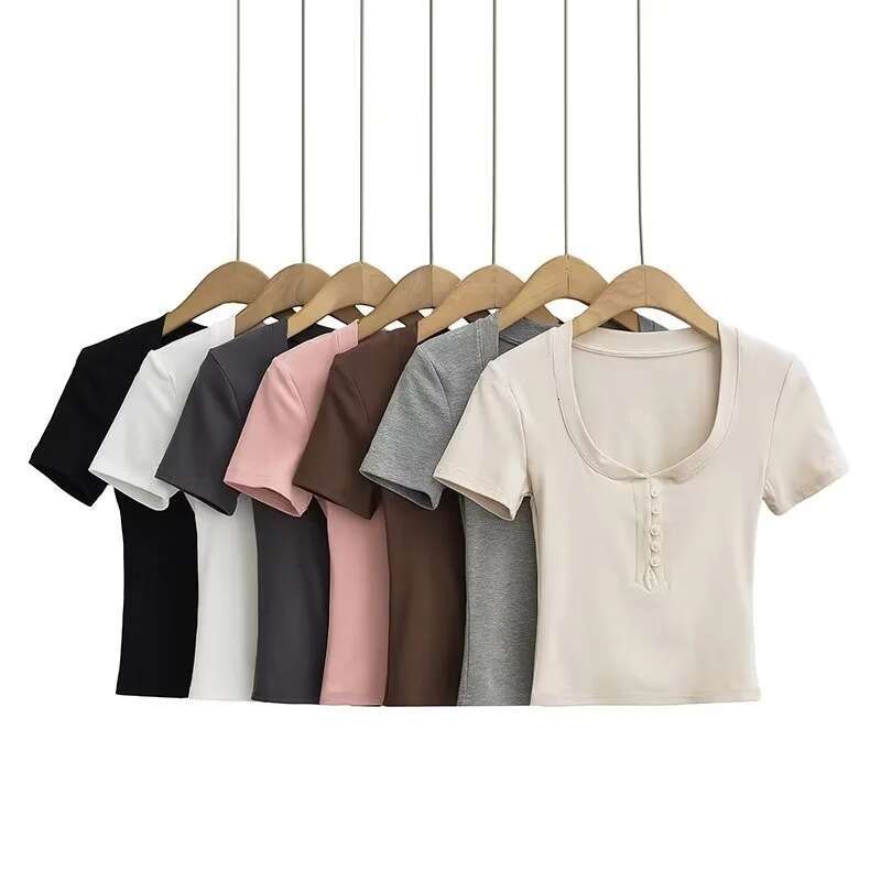 Spicy girl round neck half open button slim fit shoulder T-shirt for women's summer wear, tight fitting and slimming short sleeved top base shirt