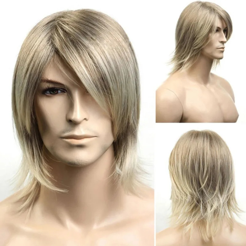 Long Omber Blonde Straight Wig Synthetic Wig With Side Part Bangs Heat Resistant Fiber For Men Daily Party Cosplay Use 241213
