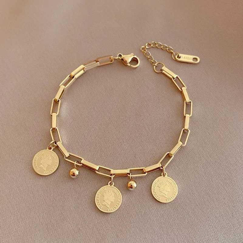 Fashion Gold-color Bracelet Ladies Simple Hip Hop Style Stainl Steel Round Sign Pendant Wide Cross Chain Jewelry AccoriesXJ241214