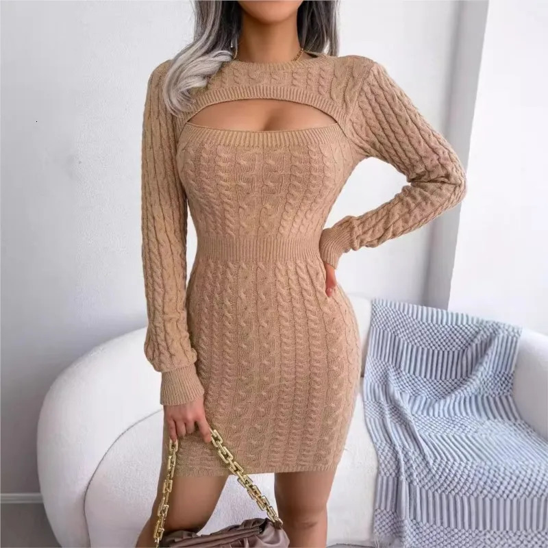 Autumn and winter sexy hollow fried dough twisted waist bag button wool dress round neck long sleeved pencil skirt 241212