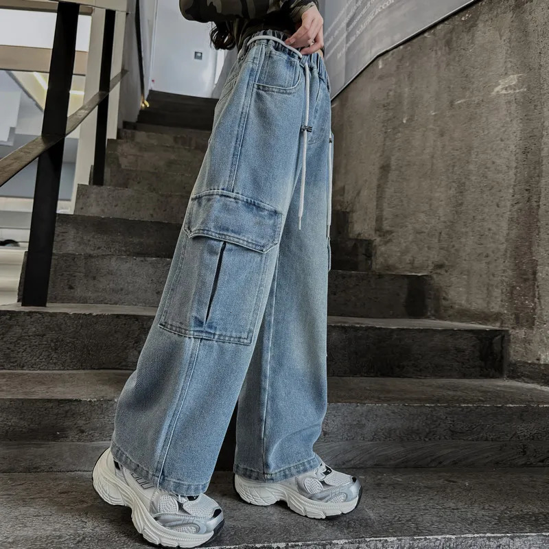 Cargo Jeans for Girls Spring Autumn Loose Casual Elastic Waist Teenage Children Wide Leg Pants Streetwear Kids Trousers 241213