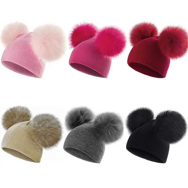 Double Pompom Baby Hat Solid Color Knitted Cap for Boy Girl Autumn Winter Toddler Kids Beanie Outdoor Windproof Warm Accessories W241213