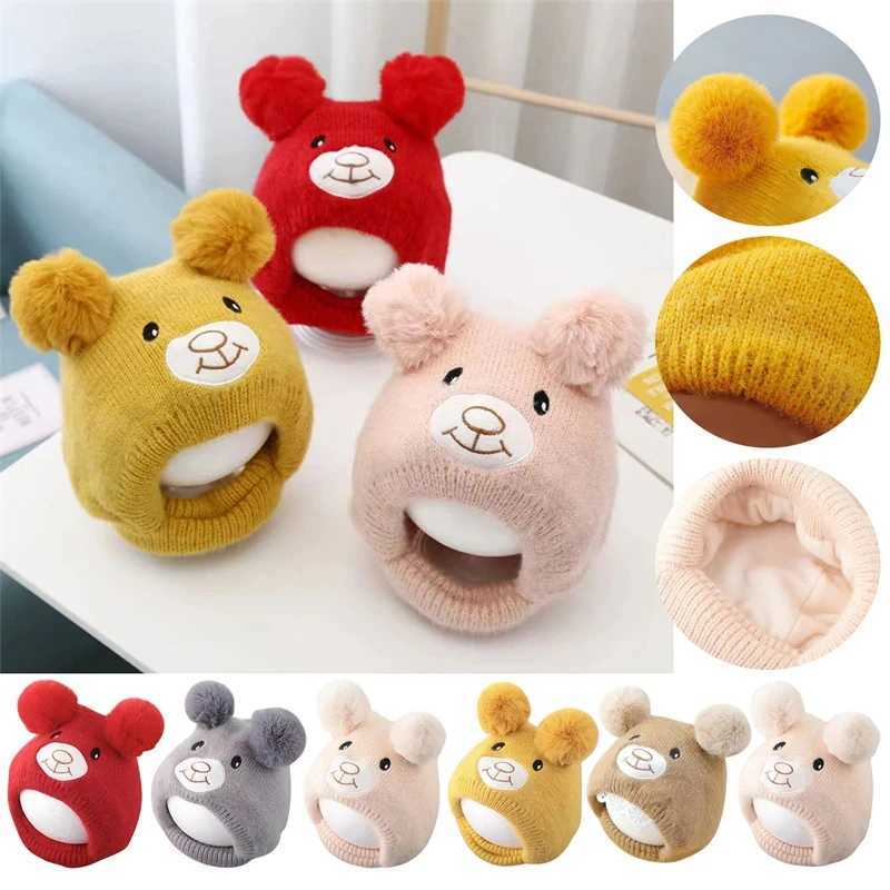 Cute bear bean hat suitable for boys and girls fluffy and warm knitted hat collar autumn winter toddler earmuffs W241213