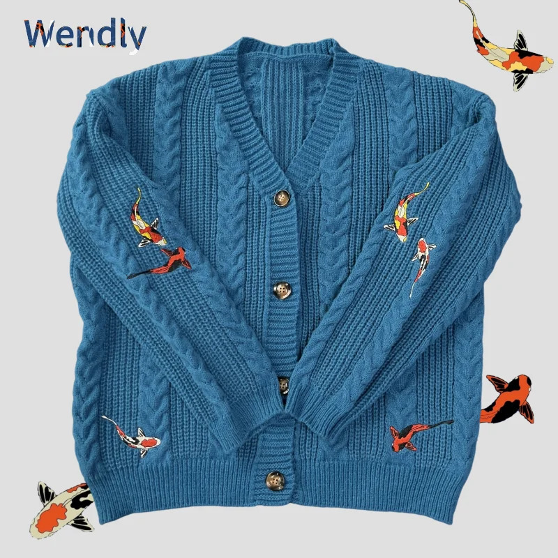 Koi Fish Cardigan Women Vintage Style Carp Embroidery Sweater Female Autumn Winter Turquoise Knitted Cardigans Tops Y2k Girl 241214