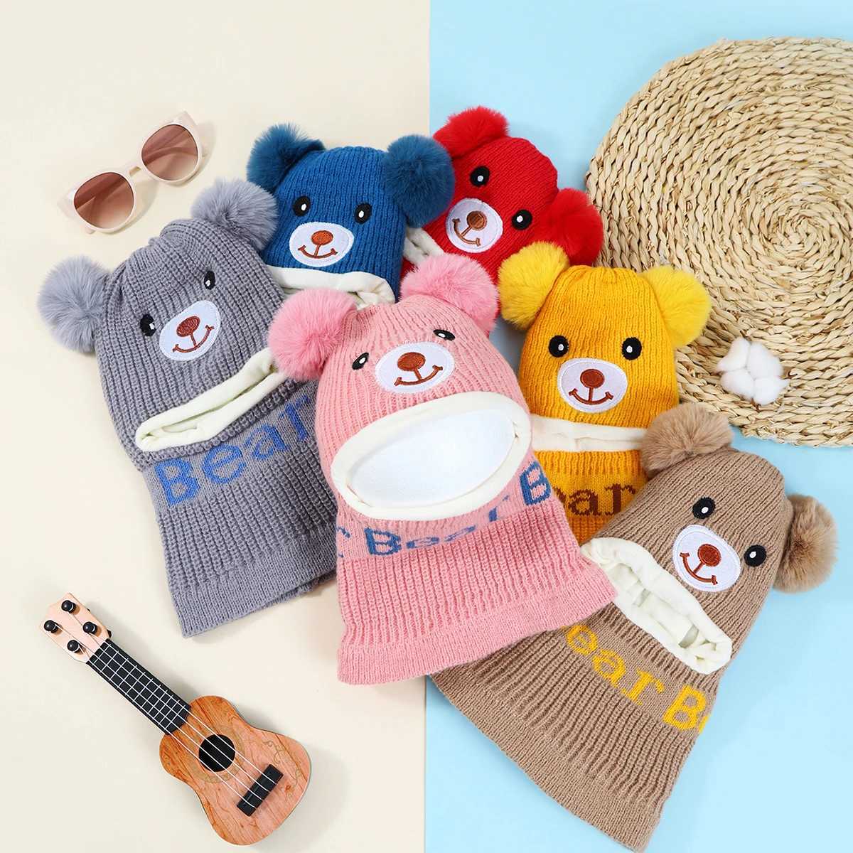 Bear winter baby hat scarf one-piece fluffy childrens knitted hat suitable for girls boys warm ear and neck childrens skiing hat W241213