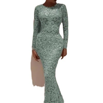 Spring New Womens Hot Stamped Long Sleeve Slimming Long Dress Evening Dress for Women