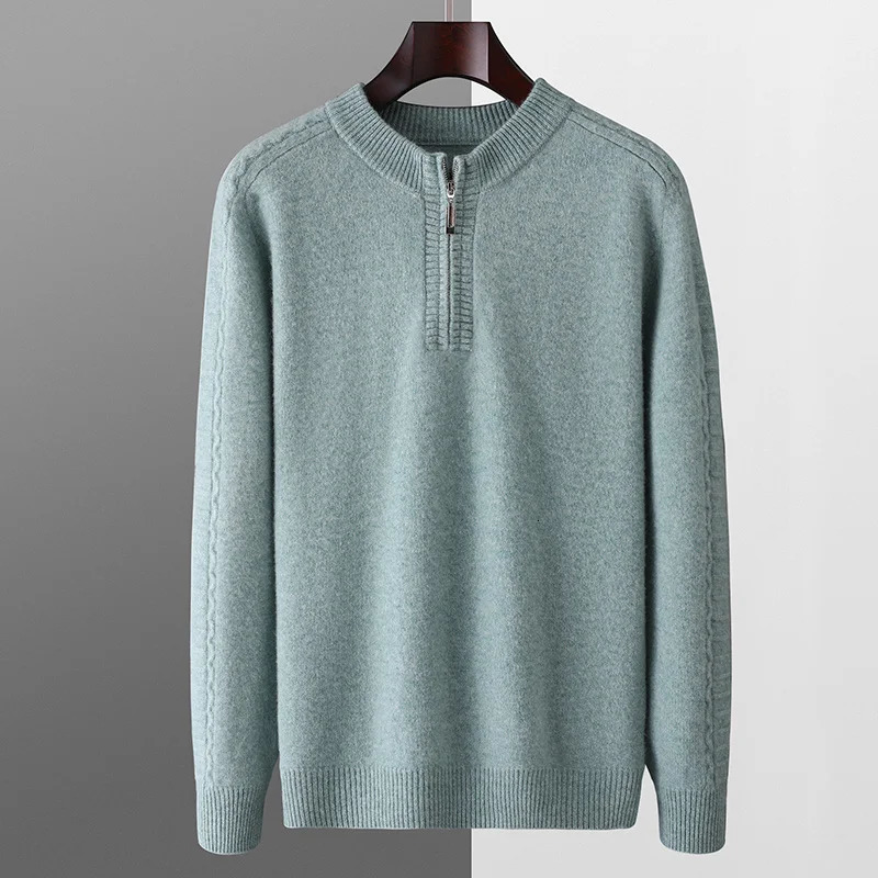 Mens Autumn and winter seven stitches 100% pure wool sweater mens thick sleeve flower round neck half zip knit pullover JB086 241213