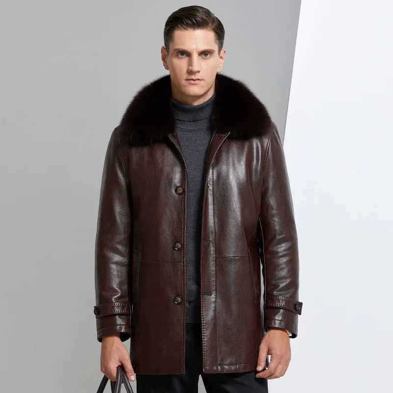 Winter middle-aged and elderly mens detachable fur collar casual leather jacket W241213