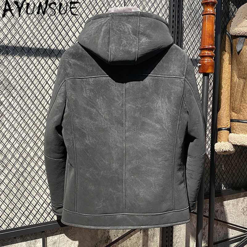 AYUNSUE mens fur coat luxury leather jacket mens winter mens clothing business casual natural sheepskin coat hooded W241213