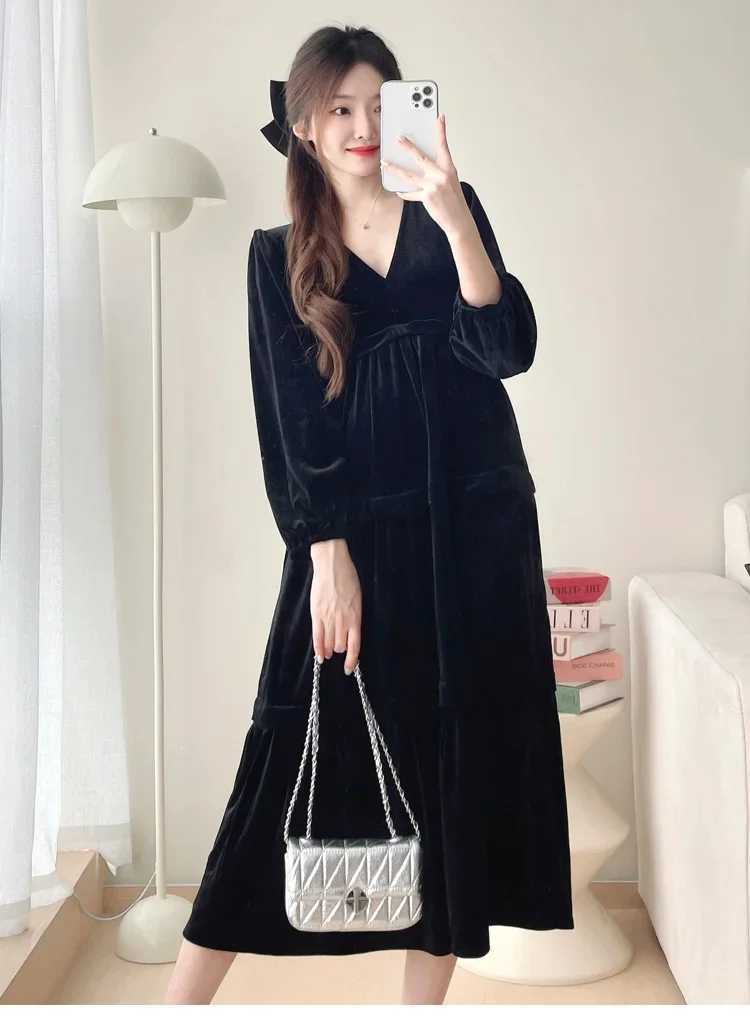 2024 Autumn Materni Velour Dress Black Office Lady Elegant Clothes Long Sleeve V-neck High Waist Pregnant Woman Brief DressesXJ241213