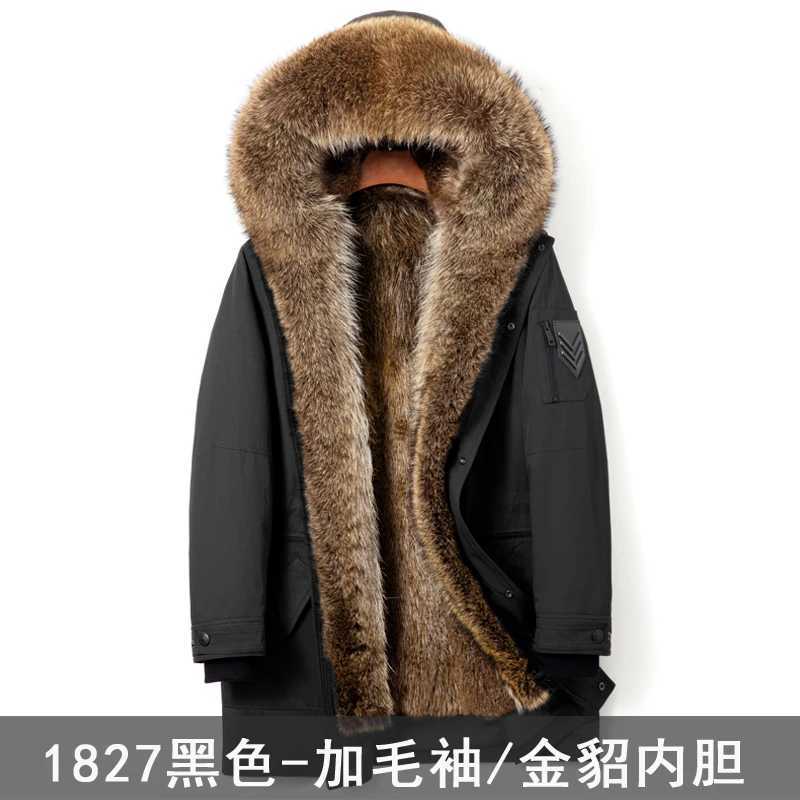 Winter natural fur jacket mens clothing medium length Parka gold satin lined coat fashionable warm fur coat big raccoon fur collar W241213