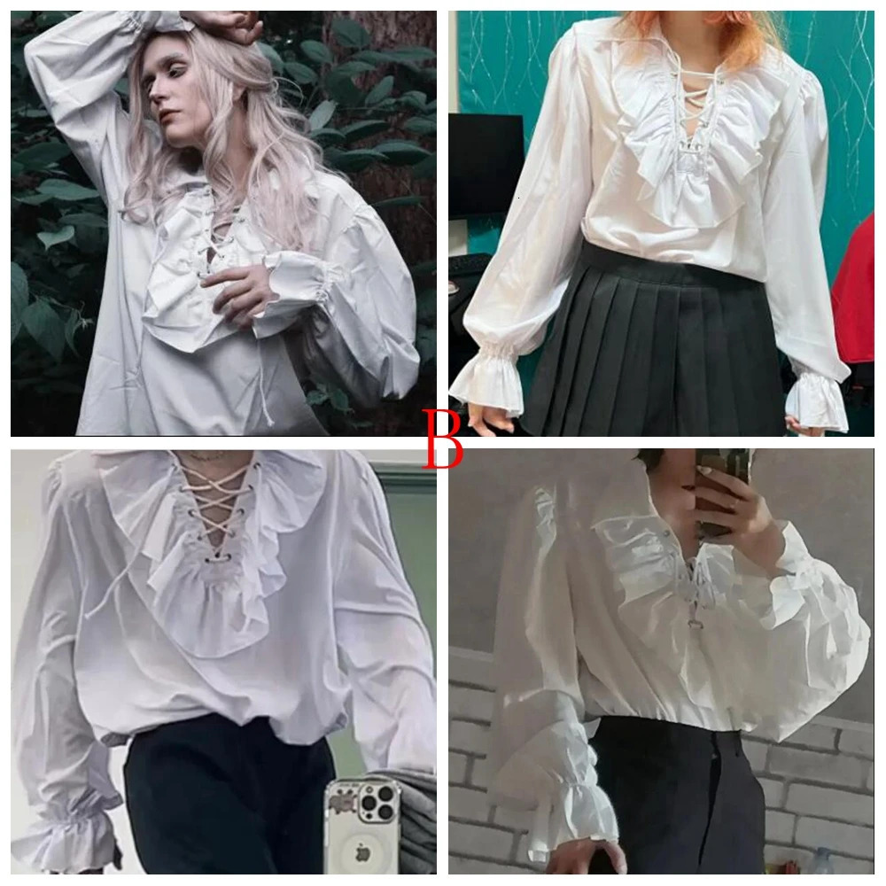 Mens Pirate Shirt Prince Poet Shirts Medieval Buccaneer Frills Lace Up Renaissance Vintage Gothic Blouse Tops 241213