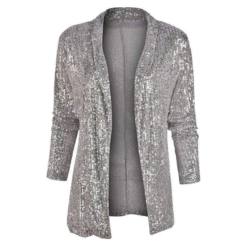 Spring New European And American Sequin Sleeved Temperament, Medium To Long Style Small Suit, Lapel Color Jacket For Women