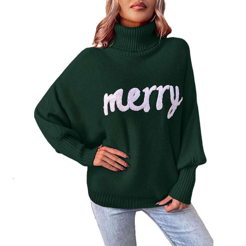 Processing custom European and American foreign trade women's Christmas sweaters, fashionable loose fitting high neck knitted sweaters for women