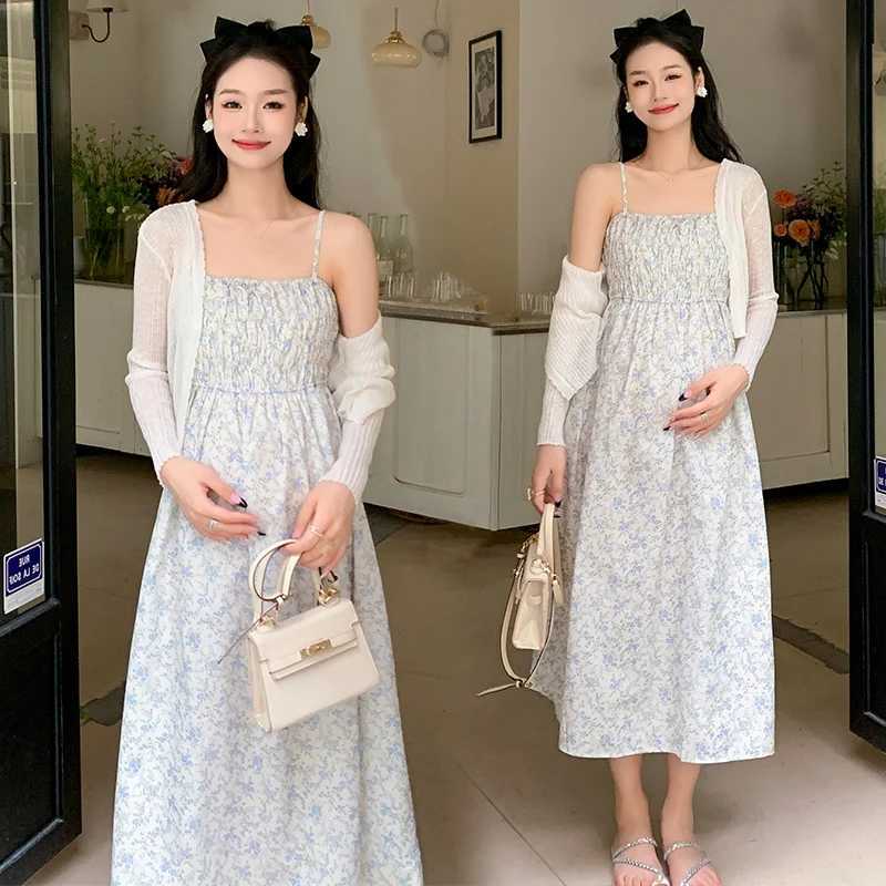 Materni Summer Floral Dress Sleeveless High Waist Stretched Pregnant Woman Strap Dress Elegant Pregnancy Chiffon Beach DressesXJ241213