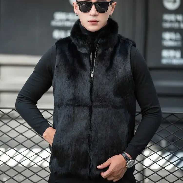 Mens 2024 Autumn Winter New Genuine Rabbit Fur Vest Mens Solid Color Warm Waistcoat Mens Real Fur Stand Collar Vest Jackets V02 W241213