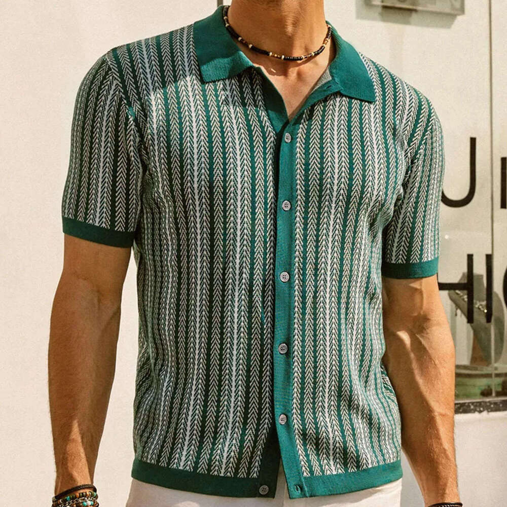 European And American Men's High-End Short Sleeved Knitted Sweater For Summer, New Striped Jacquard Business Polo Shirt