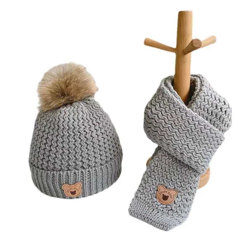 Autumn and Winter Childrens Hat and Scarf 2-piece Set Warm with Wool Suitable for Comfortable Boys and Girls Bear Wool W241213