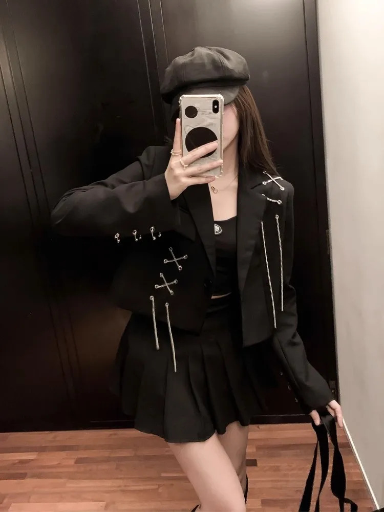 Women Punk Gothic Cropped Blazer with Metal Chain Harajuku n Streetwear Chic Patchwork Suit Office Lady Commute Short Coat 241209