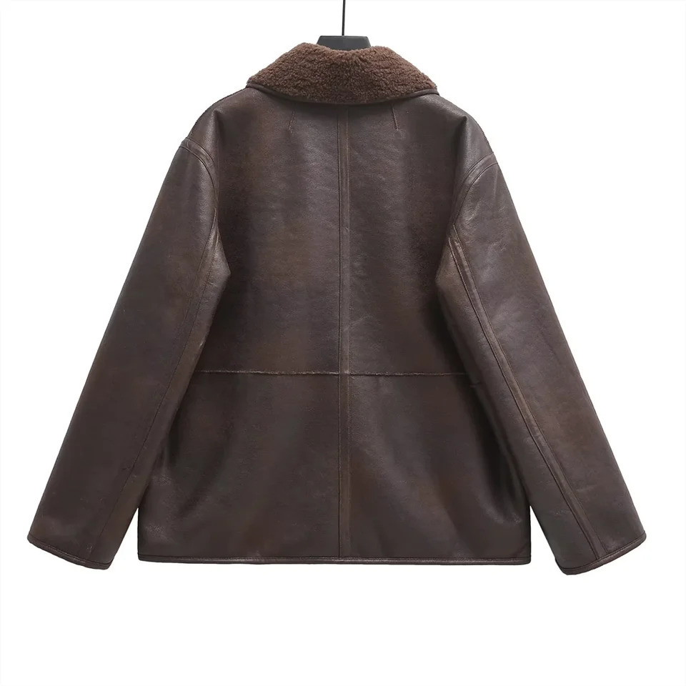 autumn and winter brown fur one-piece leather double-sided thick casual jacket 241210