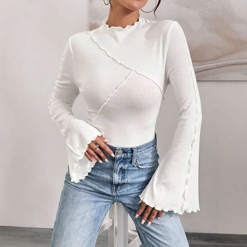 2024 Autumn Lotus Leaf Collar Bottom Shirt Hot Selg European and American Fashion Slanted Horn Sleeve Slim Fit Interior