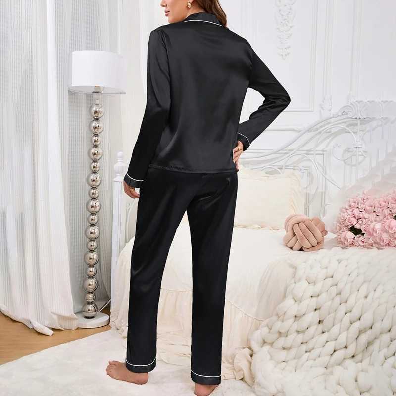 Womens Satin Pajama Set Pocket Heart-shaped Embroidery Long Sleeve Buttons Lapel Tops Elastic Pants Loungewear Pyjama FemaleC241213