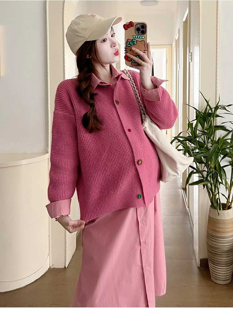 Korean Sle Pregnant Woman Long Sleeve Turn-down Collar Single-breasted Shirts Dress Materni Clothes Pregnancy Cotton DressesXJ241213