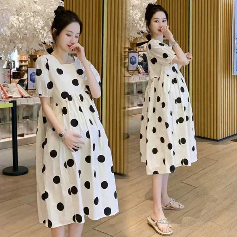 Materni Fashion Summer Dress Outdoors High-end Fresh Dot Skirt Loose-fit Medium-length Summer DressXJ241213