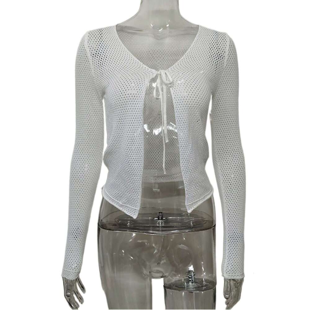 European and American spicy high-end top, women's sexy lace up, hollowed out see through knitted sweater, cardigan for women