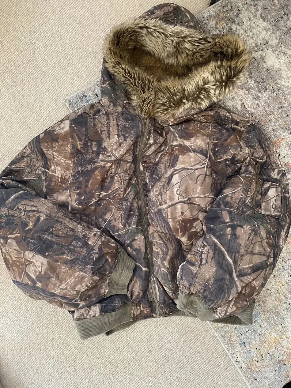 Y2K camouflage fur hooded jacket fashionable mens and womens Harajuku punk leaf graphic oversized jacket autumn and winter zipper jacket 241210