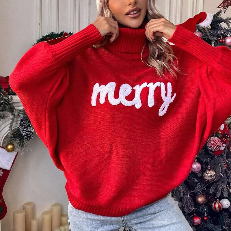 European American Christmas high neck sweater women's autumn and winter loose bat sleeves outer wear knitted top women