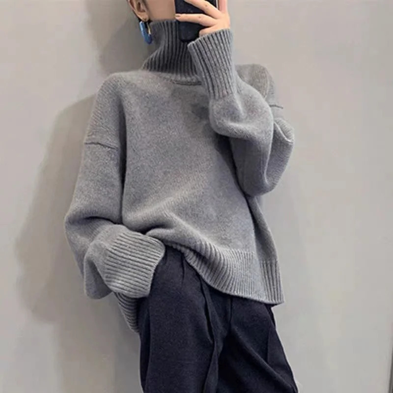 Pure wool knitted sweater for women turtle neck zipper autumn and winter loose plus size womens long sleeved Korean style tidal clothing 241211