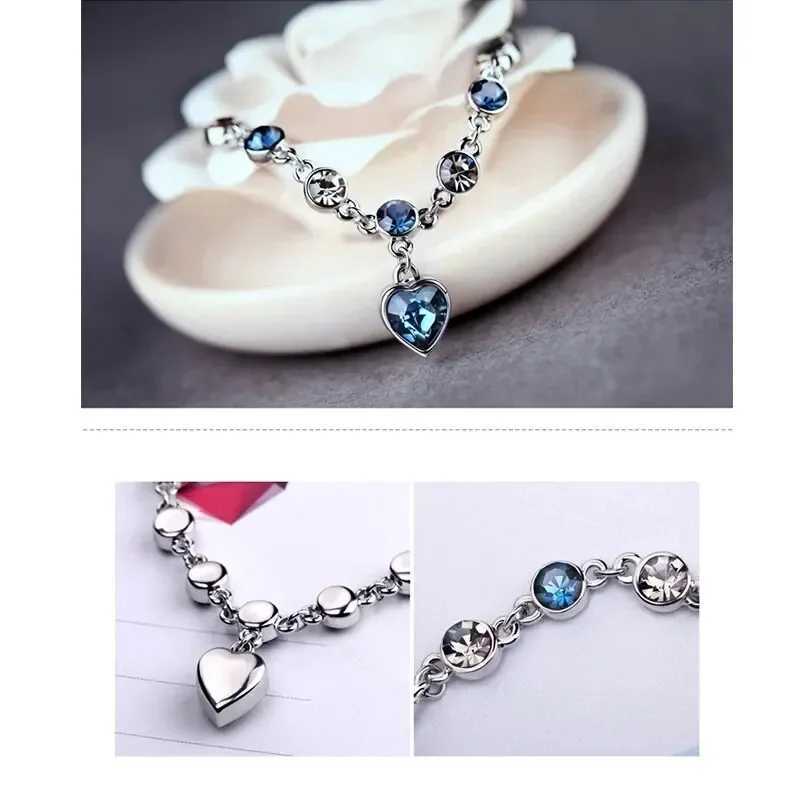 Women Silver Color Lucky Bracelet Female Blue Crystal Heart Charm Pulseras Bracelet Bridal Wedding Engagement Fine Jewelry GiftXJ241214
