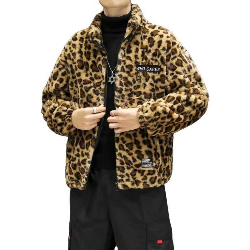 2022 Winter New Harajuku Leopard Artificial Fur Coat Plush and Thick Couple Loose Cotton Dress Fashion Trend W241213