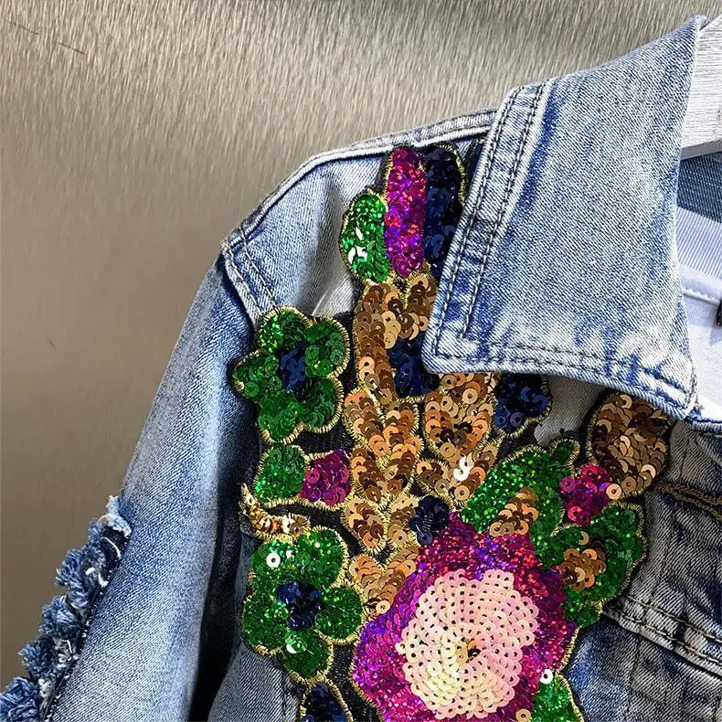 Vintage Diamond Inlaid Flower Embroidered Denim Coat Spring Sparkle Stickers Ultra Thin Jeans Jacket Cowboy Cardigan Jaqueta 241211