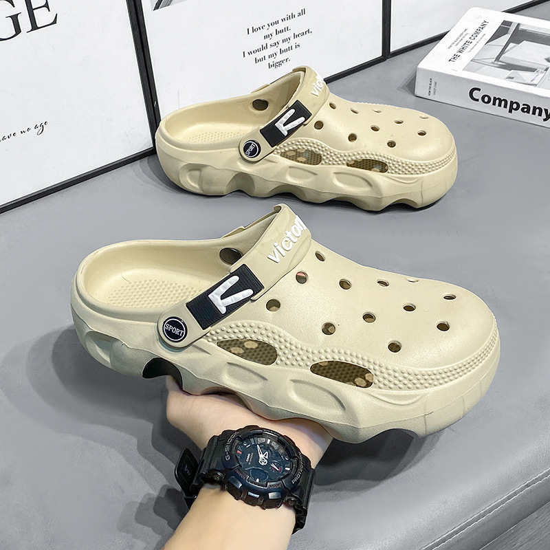 2025 hot free shipping slippers for mens Thick soled slippers black khaki grey Beach shoes half set travel slippers