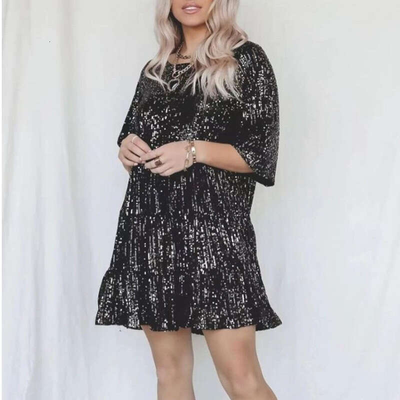 New Solid Color Fashion Sequin Round Neck Loose Waist Short Sleeved For European And American Foreign Trade Banquet Dress