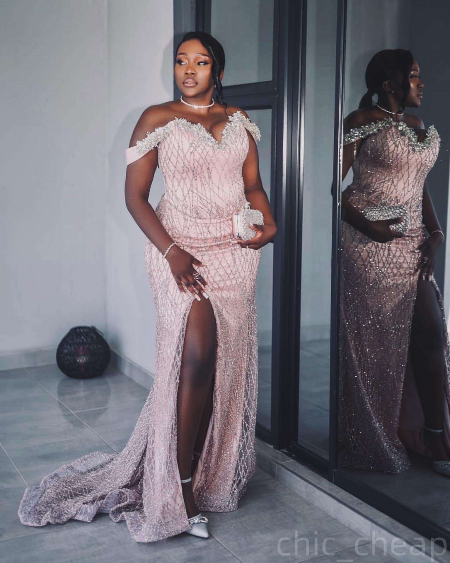 Pink Mermaid Prom Dresses 2025 Floral Beaded High Split Sequined Evening Formal Party Second Birthday Engagement Gowns Plus Size Dress For Special Occ
