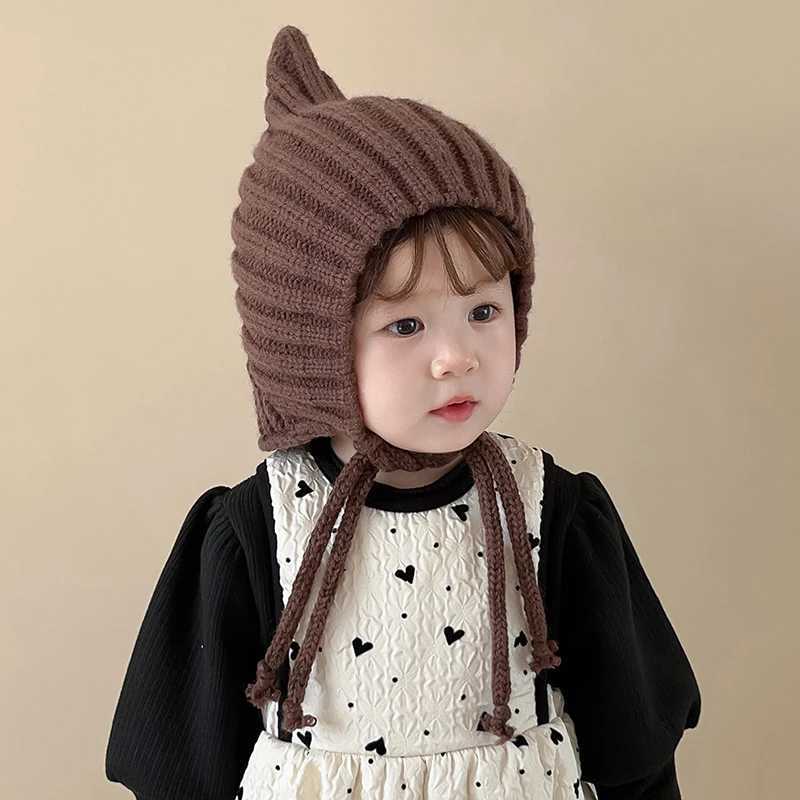 Cute solid color baby hat Beanie winter warm knit baby girl boy ear protection hat children windproof lace hat W241213